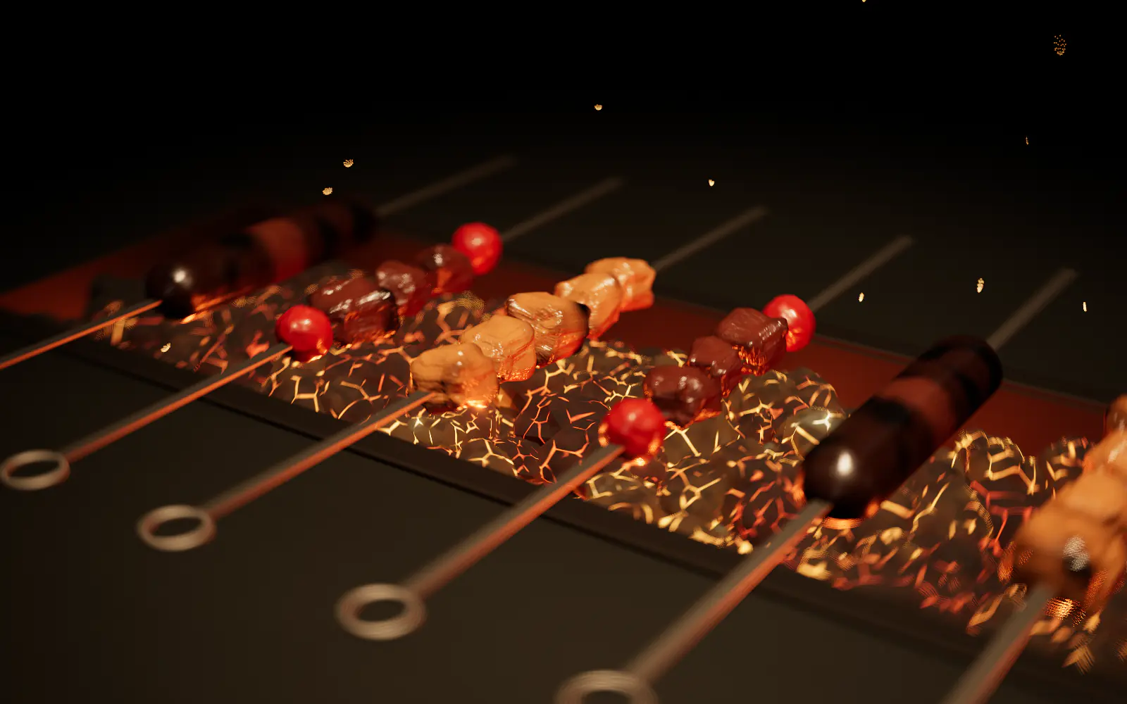 Close over the grill: skewers of lamb, chicken and kofta above cracked, glowing charcoal.